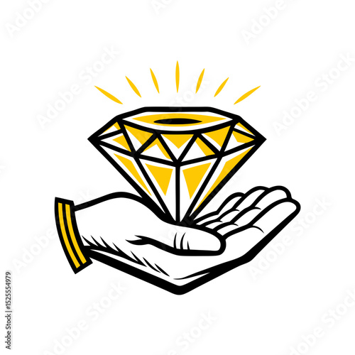 Diamond held in hand with rays emanating in an illustrative style  