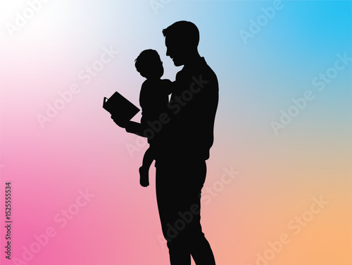 Father Reading to Child, Silhouette on Gradient Background, silhouette of a father carrying his son reading a book