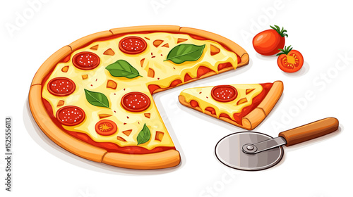 A flat vector cartoon pizza set showing pepperoni slice cheese wheel pizza cutter and tomato basil garnish on white background no shading no gradients