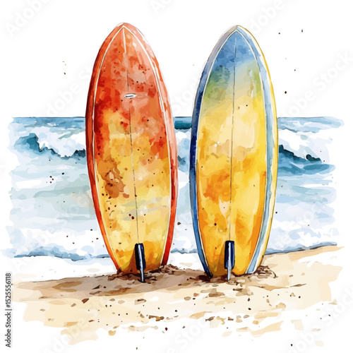 watercolor of Surfboards Resting Sand Waves, vector high quality, isolated on a white background.