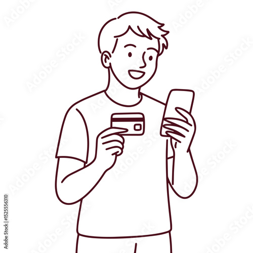 Line drawing of a young man smiling and paying with a credit card and phone. Represents mobile finance, digital commerce, or payment technology