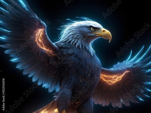 Bioluminescent Bald Eagle with Outstretched Wings, Holding Energy Orb, in Futuristic Kirlian Electrography Style