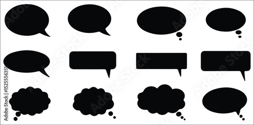 Conversation Bubbles Set: A set of simple communication bubbles in black, representing speech, thought, or dialogue in a modern graphic design.