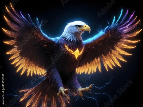 Bioluminescent Bald Eagle with Outstretched Wings, Holding Energy Orb, in Futuristic Kirlian Electrography Style
