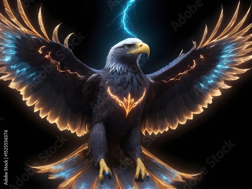 Bioluminescent Bald Eagle with Outstretched Wings, Holding Energy Orb, in Futuristic Kirlian Electrography Style