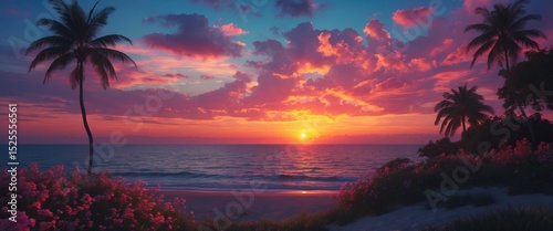 Tropical beach at sunset with palm trees and vibrant sky. Nature and landscape scene. Evening and tranquility. The scene of a tropical sunset by the ocean. photo