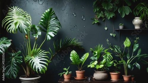 A variety of potted green houseplants arranged on a surface against a dark wall with water droplets. photo