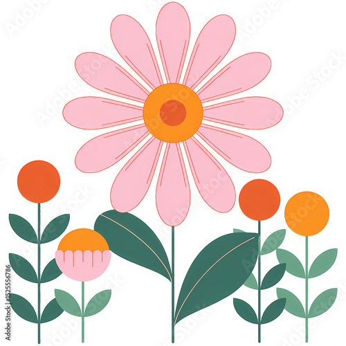Floral Fantasy: Delicate petals in a kaleidoscope of colors unfold against a bright, vibrant display, creating a playful dance of shapes and textures, offering a modern, joyful floral illustration.