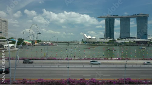 sunny day sinngapore city downtown famous hotel area traffic bay bridge aerial panorama 4k 