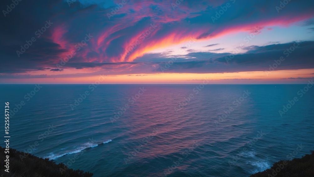 Fototapeta premium Vivid sunset over the ocean with colorful clouds and calm water. Nature and sky scene. Beautiful view of the sea at dusk with striking cloud formations.