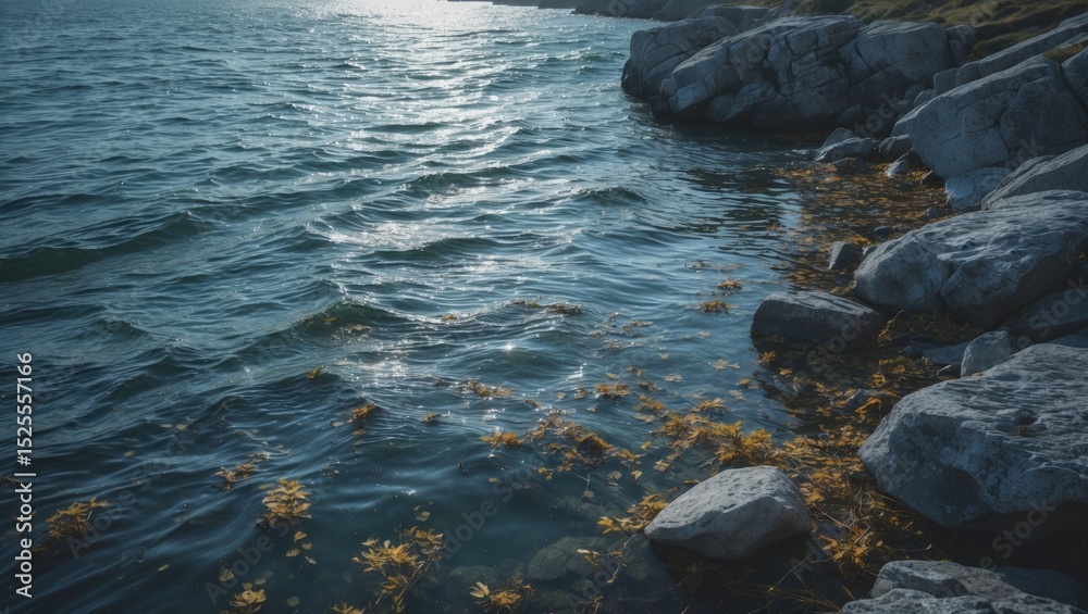 Fototapeta premium Coastal rocks and water with seaweed at the shoreline.