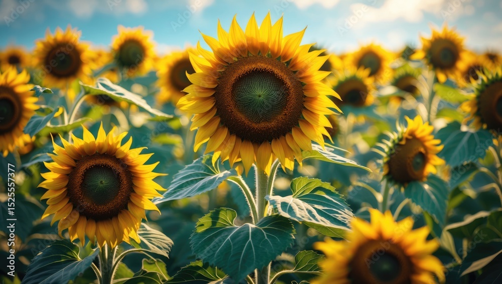Fototapeta premium Sunflower field during daytime with vibrant yellow flowers and green leaves. Nature and agriculture, concept. Floral and plant photography. The beauty of summer blooms.