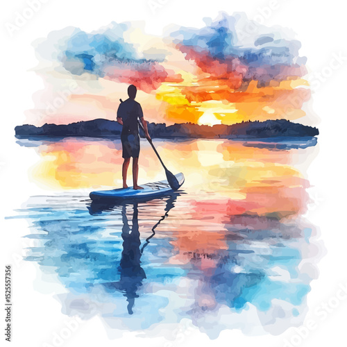 Sunset Paddleboarding Quiet Lake, watercolor vector, high quality, isolated on a white background.