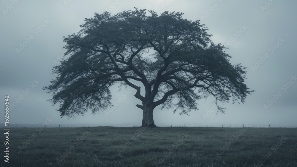 Obraz premium A solitary tree standing in a field on a foggy day.