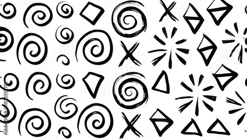 Seamless pattern of black brush stroke spirals diamonds triangles and burst shapes on a white background
