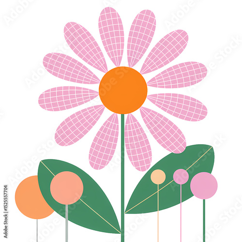 Floral Fantasy: A vibrant and cheerful illustrated flower in a minimalist style, featuring intricate petal patterns, radiates freshness and joy, embodying the essence of natural beauty.
