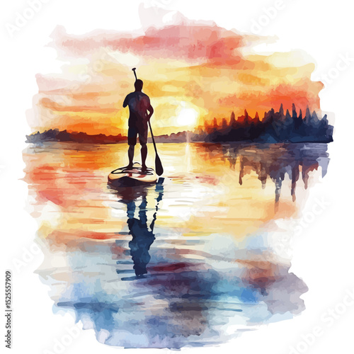 Sunset Paddleboarding Quiet Lake, watercolor painting vector, high quality, isolated on a white background.
