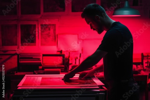 Photographer working in darkroom with red safelight, developing photos using traditional analog method