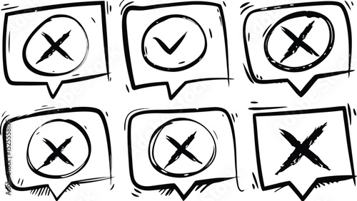 Doodle style speech bubbles with check and crosses showing agreement and disagreement in black and white