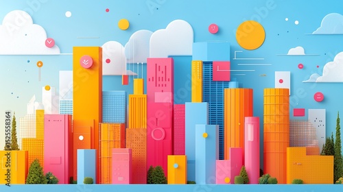Vibrant cityscape illustration with colorful buildings, stylized clouds, and sun. Geometric shapes and design elements create a playful, modern aesthetic