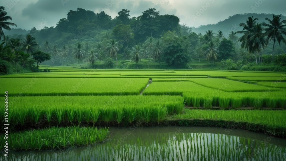 Obraz premium Lush green rice paddies with palm trees and mountains in the background, depicting a tropical agricultural landscape.