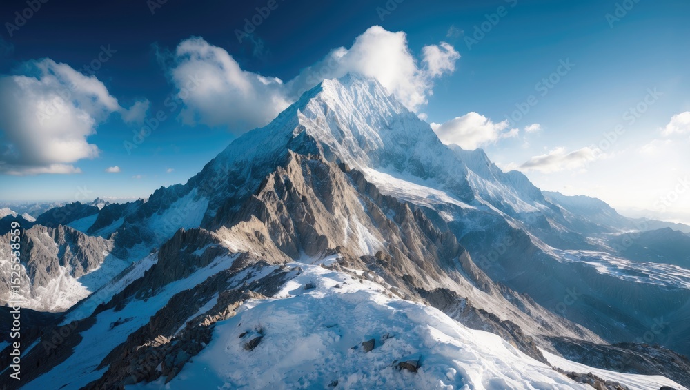 Obraz premium Snow-covered mountain peak with rugged terrain and dramatic clouds in the sky. Natural landscape and alpine scenery.