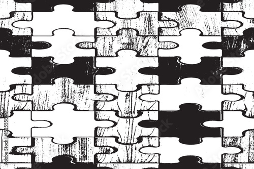 Grungy Jigsaw Puzzle Pattern in Black and White

