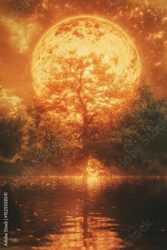 Sun exploding into flames, with trees and water.
