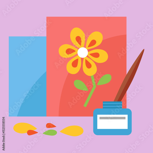 Vector illustration of paper sheet flower with brush and handmade art project