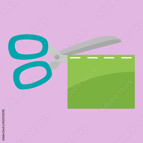 Vector illustration of scissors cutting green fabric square for sewing and textile DIY project crafts