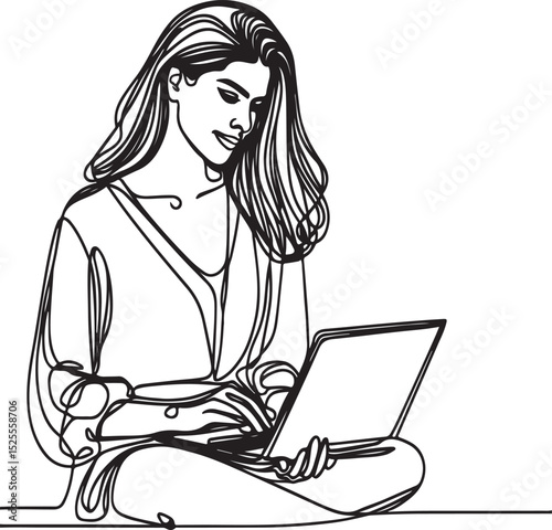 Woman Sitting on Floor Using Laptop One Line Sketch

