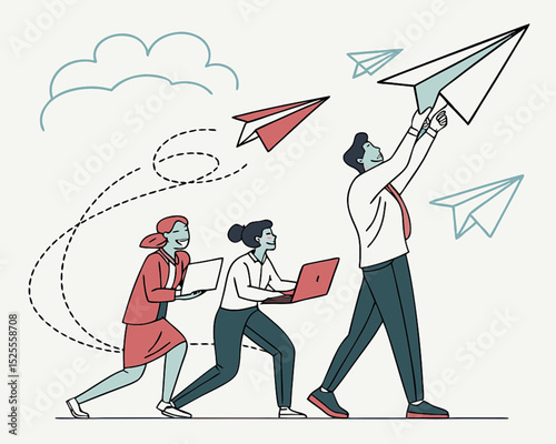 Team winning business achievement, teamwork working together, company direction, leadership strategy, motivation, aspirations concept, manager lead business people employee on paper airplane origami.