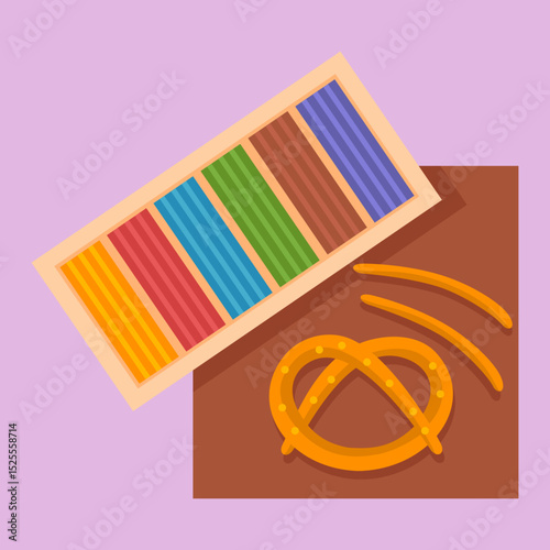 Vector illustration of crayons and pretzels for colorful fun creative education and snack break art