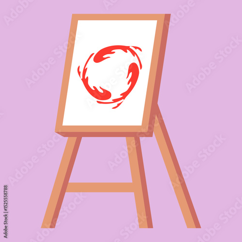 Vector illustration of standing easel with red brushstroke canvas for expressive painting and design