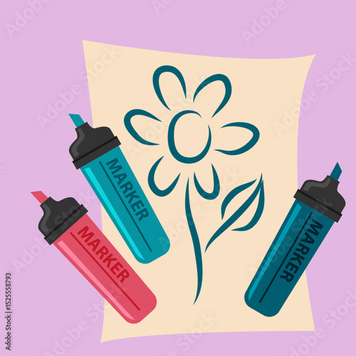 Vector illustration highlighter of paint cans and flower sketch