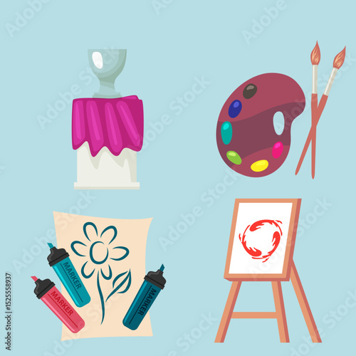 Vector illustration of sculpture tools with canvas stand and art supplies for classical art creation