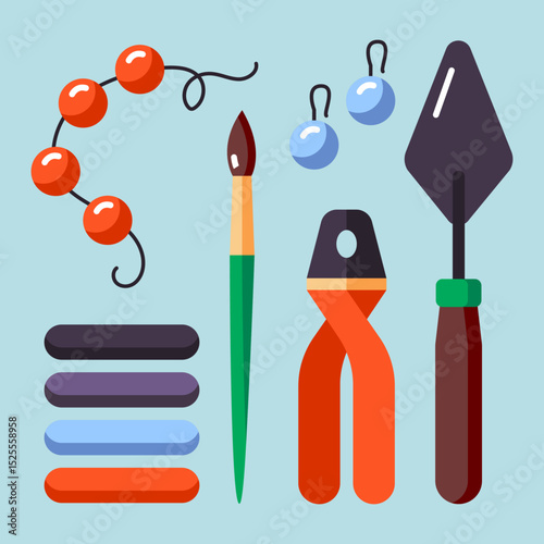 Vector illustration of jewelry making tools with beads pliers and wire for creative handmade crafts