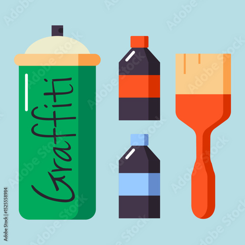 Vector illustration of graffiti and spray painting tools with bottle and brush for street artists