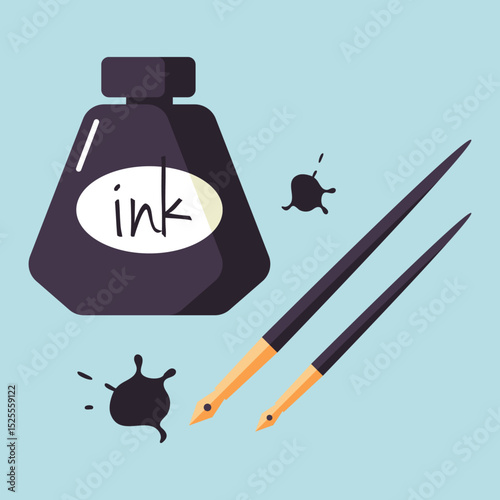 Vector illustration of ink bottle and dip pens for calligraphy or drawing craft enthusiasts