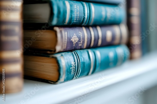 Vintage hardcover books with ornate spines in shades of blue and turquoise arranged on white wooden shelf, shallow depth of field creates dreamy bokeh effect. photo