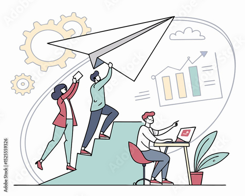 Team winning business achievement, teamwork working together, company direction, leadership strategy, motivation, aspirations concept, manager lead business people employee on paper airplane origami.