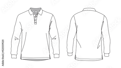 Polo T-shirt vector line drawing template set mockup isolated on white background. Flat technical drawing template. Unisex T-Shirt illustration front, Side and back view. Polo T-shirt Mockup.