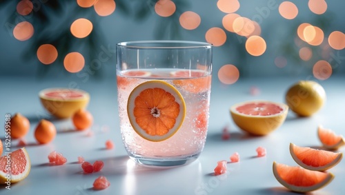 A glass of sparkling water with a slice of lemon and an orange flower, surrounded by halved citrus fruits and small toppings, set against a festive background. photo