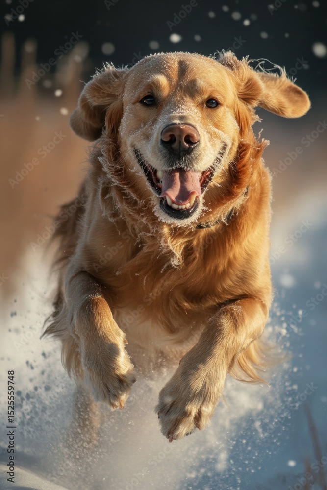 Happy golden retriever in snow, running and jumping for fun. Happy golden retriever in snow, running and jumping for fun.