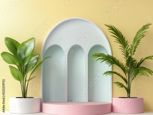 Colorful, modern interior design with a bright archway decorated by potted indoor plants.