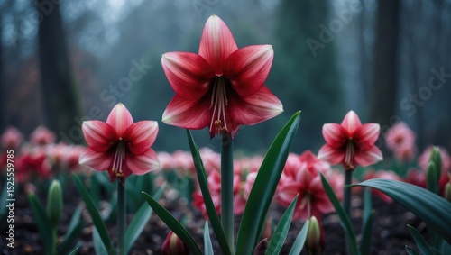 Bright pink lilies blooming in a forest setting, showcasing natural beauty. photo