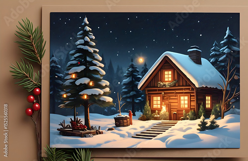 a festive Christmas card featuring a charming house background 