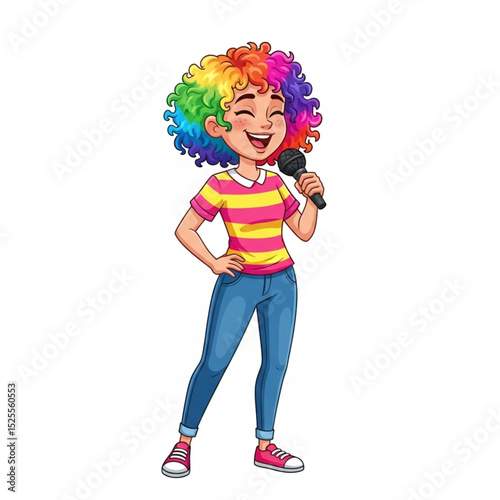 Young teenage woman comedian cartoon character telling jokes with microphone on stage, vector illustration