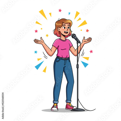 Young Teenage Woman Comedian Telling Jokes on Stage Vector Illustration