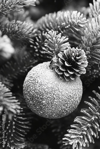 Close-up of ornament on pine needle branch, capturing festive and natural holiday themes.